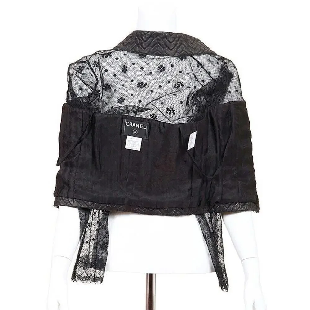03A CHANEL Leather Lace Black Top 2003 Rare Long Sleeve FR-36 Blouse Jacket